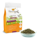 Tüte mit "Ich liebe meine Katze" natürlichem Katzenfutter mit Huhn, mit einer Schüssel Trockenfutter, die getreidefreie und leicht verdauliche Zutaten hervorhebt.