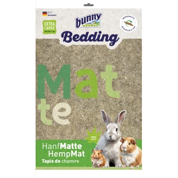 Bunny Nature HempMat Bettwäsche für Haustiere, mit einem Kaninchen und Meerschweinchen, beschriftet '100% natürlich' und 'Extra Groß.'