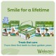 Whimzees dog dental treats packaging and tub with slogan 'Smile for a lifetime' and text 'Treats that care'.