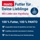 PANTO Tiernahrungsanzeige: "Futter für Deine Lieblinge, Mit Liebe aus Hamburg", hebt 100% Qualitätszutaten und über 30 Jahre Erfahrung hervor.