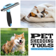 Ein blaues und schwarzes Haustier-Haarentfernungstool, ein kuschelnder Hund und eine Katze sowie ein lächelnder Hund im Gras. Text: 'HAUSTIER-HAARENTFERNUNGSTOOLS - Beide lieben es.'