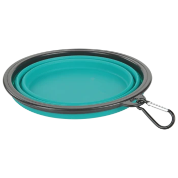 Faltbarer türkisfarbener Silikon-Reise-Napf für Haustiere mit schwarzem Rand und angebrachtem Metallkarabiner.
