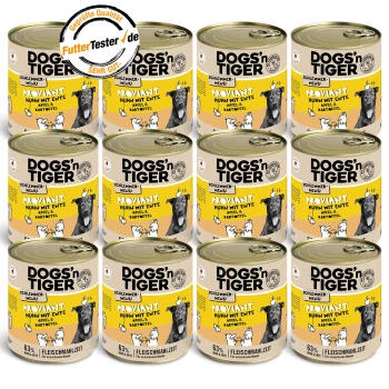 Zwölf Dosen DOGS'n TIGER Hundefutter, beschriftet "Rohvant Huhn mit Ente, Apfel & Kartoffel", mit Kuh- und Hühnerdesign.