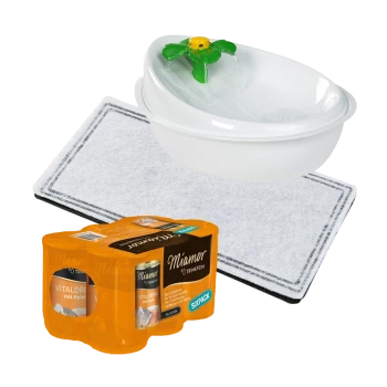 Haustier-Wasserbrunnen mit einem Blumendesign, ein Paket Miamor Vitaldrink mit Huhn und eine weiche Haustiermatte.