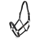Schwarzes Leder-Haustiergeschirr mit silbernen Metall-Schnallen und verstellbaren Riemen, entworfen für Komfort und Kontrolle.