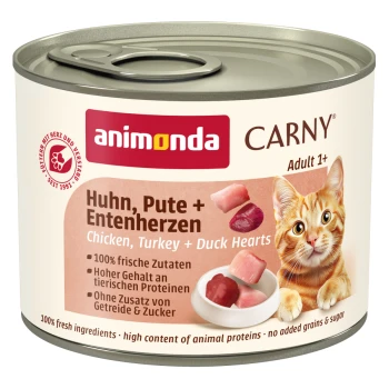 Dose Animonda Carny Katzenfutter für ausgewachsene Katzen, Huhn, Pute und Entenherzen, 100 % frische Zutaten, ohne Getreide oder Zucker.