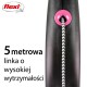 Smycz dla psa Flexi z 5-metrowym wytrzymałym przewodem, z czarną rączką i różowymi akcentami, z tekstem w języku polskim.