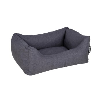 Graues Haustierbett mit einem weichen, gepolsterten Design und erhöhten Seiten, ideal für kleine bis mittelgroße Haustiere.