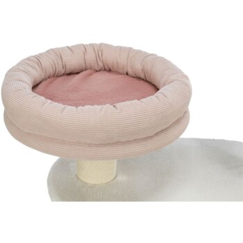 Katzenbaum mit einem weichen, runden, pink gestreiften Platz und einer plüschigen Basis, entworfen für den Komfort und die Entspannung von Haustieren.