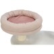 Katzenbaum mit einem weichen, runden, pink gestreiften Platz und einer plüschigen Basis, entworfen für den Komfort und die Entspannung von Haustieren.