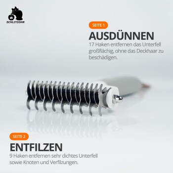 Ein Pflegewerkzeug mit einem Metallkamm, der 17 Haken zum Ausdünnen des Fells und 9 Haken zum Entfernen von dichtem Unterfell und Verfilzungen hat, auf Deutsch beschriftet.