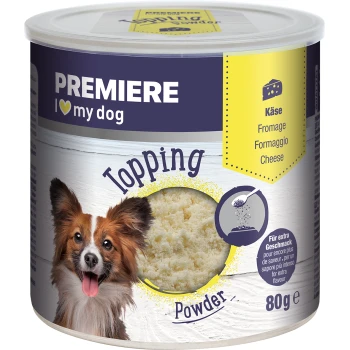 Container of Premiere dog topping powder, featuring a smiling dog and labeled "Cheese" in multiple languages, 80g.