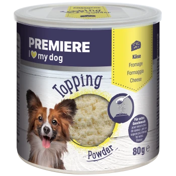 Container van Premiere honden topping poeder, met een lachende hond en gelabeld 'Kaas' in meerdere talen, 80g.