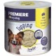 Container van Premiere honden topping poeder, met een lachende hond en gelabeld 'Kaas' in meerdere talen, 80g.