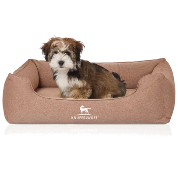 Flauschiger braun-weißer Welpe in einem hellbraunen, rechteckigen Hundebett mit erhöhten Seiten und weißem 'KNUFFELWUFF'-Logo