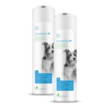 Flasche mit pflanzenbasiertem Hundeshampoo mit einem Bild eines schwarz-weißen Hundes, beschriftet mit 'SHAMPOO' und 'Insektenabwehr' für Insektenschutz.
