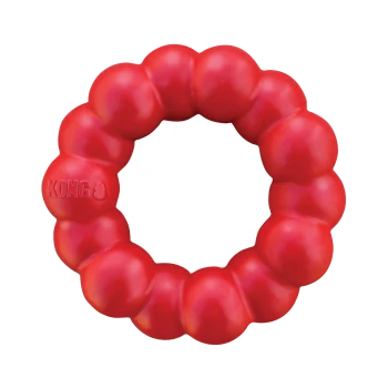 Jouet pour chien anneau en caoutchouc KONG rouge composé de boules reliées, anneau à mâcher circulaire avec logo « KONG » en relief