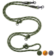 Grün-weiße gestreifte Hundeleine mit zwei Clips und Schlaufen, präsentiert neben drei Farboptionen: orange, grün und grau.