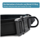 Schwarzes Haustierhalsband mit einer strapazierfähigen Schnalle und einem Metall-D-Ring, mit Text, der seine Haltbarkeit auf Deutsch und Englisch hervorhebt.