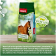 Grüne PANTO Pferdefuttertüte mit einem Bild eines braunen Pferdes, das Vitamine, Mineralien und Vorteile für Verdauung und Vitalität zeigt.