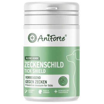 Grün-weißes AniForte-Glas mit der Aufschrift "Zeckenschild Tick Shield" für kleine Hunde, "Vorbeugend gegen Zecken".
