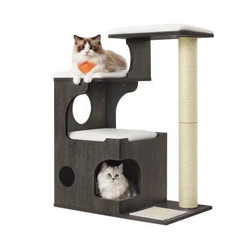 Ein stilvoller Katzenbaum mit zwei Katzen: einer flauschigen Ragdoll, die auf einem oberen Regal liegt, und einer silbernen Perserkatze, die aus einem gemütlichen Fach darunter schaut.