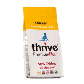 Cat PremiumPlus Huhn 1,5 kg Tüte mit Thrive PremiumPlus getreidefreiem Katzenfutter, beschriftet mit 'Huhn', mit 90% Hühneranteil und dem Slogan '0% Nonsense'.