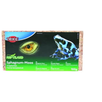 Packung Trixie Reptiland Sphagnum-Moos, mit einer Nahaufnahme eines Frosches und eines Auges, mit Text in mehreren Sprachen, der das Produkt beschreibt.