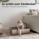 Edelstahl-Tierfutterschale mit grauem Streu, beschriftet mit "Super hygienisch" und "Edelstahlwanne - keimresistent und leicht zu reinigen."