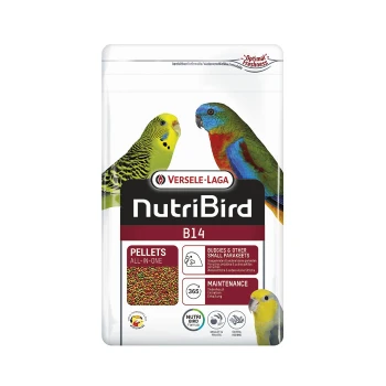 NutriBird B14 Vogelfutterbeutel mit bunten Wellensittichen und kleinen Sittichen, beschriftet mit "Pellets All-in-One" und "Wartung."