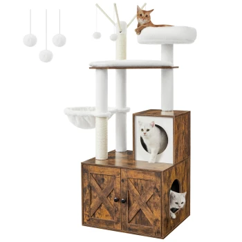 Ein mehrstöckiger Katzenbaum mit einem Holzsockel, auf dem eine sich entspannende rote Katze und eine weiße Katze, die aus einem Seitenloch schaut, zu sehen sind.