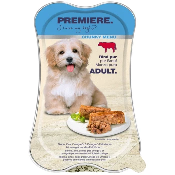 Dog food packaging featuring a chunky menu with beef, labeled "ADULT." Includes text about biotin, zinc, and omega fatty acids for shiny fur.