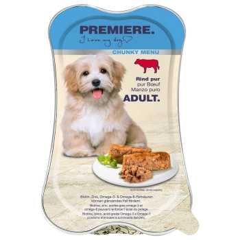 Hundefutterverpackung mit einem herzhaften Menü mit Rindfleisch, gekennzeichnet mit "ADULT." Enthält Informationen über Biotin, Zink und Omega-Fettsäuren für glänzendes Fell.