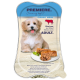 Hundefutterverpackung mit einem herzhaften Menü mit Rindfleisch, gekennzeichnet mit "ADULT." Enthält Informationen über Biotin, Zink und Omega-Fettsäuren für glänzendes Fell.