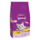 Whiskas cat food bag featuring a playful gray cat, labeled "with delicious chicken," 1.9 kg size, purple background.