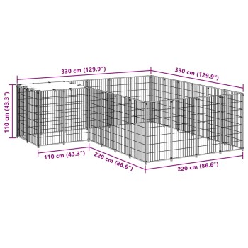 Ein großes schwarzes Metall-Haustiergehege mit den Abmessungen: 330 cm x 330 cm und 220 cm x 220 cm, Höhe 110 cm.