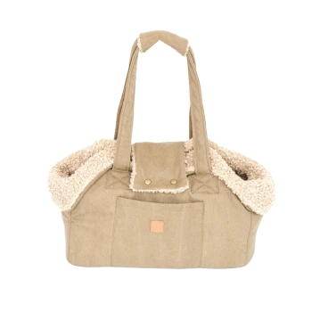Beige Canvas-Haustiertragetasche mit sherpa-gefütterten Öffnungen, Vorderfach, Schulterriemen und Druckknopfklappe.