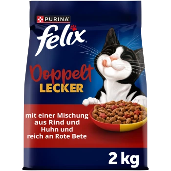 Purina Felix 'Doppelt Lecker' 2-kg-Katzenfutterbeutel, Katze mit Napf voller Kroketten; Text: Rind und Huhn, reich an Roter Bete