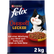 Purina Felix 'Doppelt Lecker' 2-kg-Katzenfutterbeutel, Katze mit Napf voller Kroketten; Text: Rind und Huhn, reich an Roter Bete