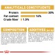 Pet food packaging displaying analytical constituents: 30% protein, 16% fat, 1.5% crude fiber; includes composition and additives details.