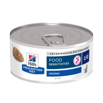 Boîte de nourriture pour chats Hill's Prescription Diet z/d Original, étiquetée "Recommandé par les vétérinaires" et "Sensibilités alimentaires," avec une silhouette de chat.