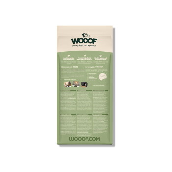 Rückseite eines WOOOF-Hundefutterbeutels, beige und grün, WOOOF-Logo, Slogan 'Oh my dog, that's goood' und WOOOF.COM
