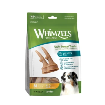Opakowanie Whimzees Wellness Daily Dental Treats (kształt poroża), 12 przysmaków, rozmiar M dla psów 12–18 kg, wspiera zdrowie jamy ustnej