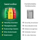 SmoothieDog-Flaschen (Lamm, Huhn, Rind) auf grünem Hintergrund mit Vorteilstext; rechts eine graue Tüte mit Titel 'Herkömmliche Hundesnacks'.