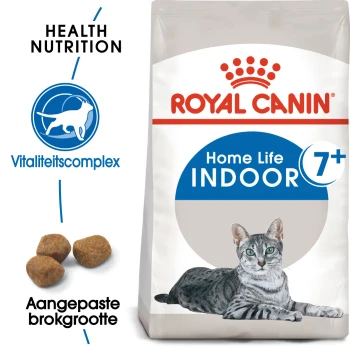 Royal Canin Home Life Indoor 7+ kattenvoer zak met een grijze tabby kat, met tekst die gezondheidsvoeding en aangepaste brokjesgrootte benadrukt.