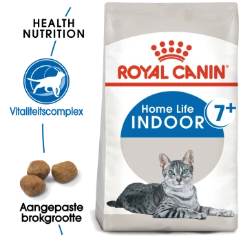 Royal Canin Home Life Indoor 7+ kattenvoer zak met een grijze tabby kat, met tekst die gezondheidsvoeding en aangepaste brokjesgrootte benadrukt.