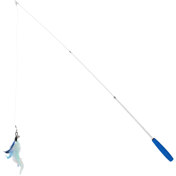 Katzenangel mit langem weißem Stab und blauem Griff, hängenden blau-weißen Federn und einer kleinen Glocke.