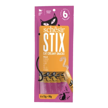 Schesir STIX cat creamy snacks chicken flavor, grain free, 6 individual portions, adult cat, purple and orange packaging.