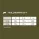 Tableau guide d'alimentation pour chiens intitulé 'TRUE COUNTRY / 24 H' avec des recommandations de poids et d'âge pour les chiens, montrant des portions pour des chiens de 2,5 kg et 7,5 kg.