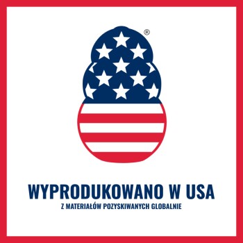 Logo łapy z flagą USA nad polskim tekstem 'WYPRODUKOWANO W USA' i mniejszym 'Z MATERIAŁÓW POZYSKIWANYCH GLOBALNIE'.